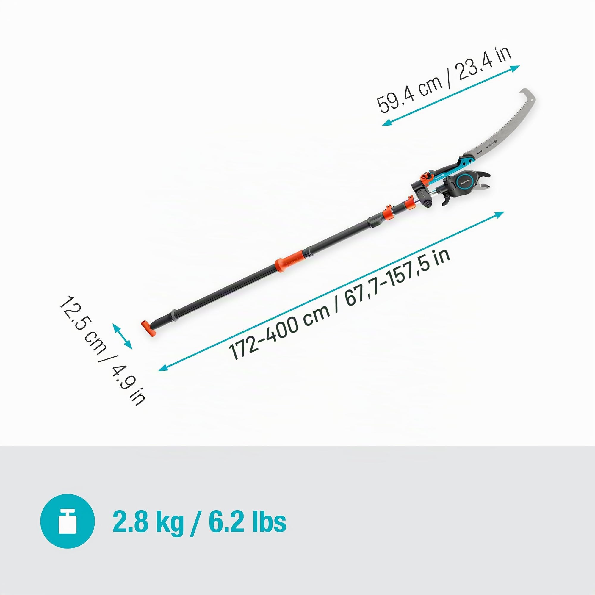 GARDENA StarCut Pro L Set, podadora telescópica con sierra y adaptador, corte bypass, longitud ajustable de 175 cm a 400 cm, potencia de corte 12x, diámetro de corte de 32 mm (12082-20)