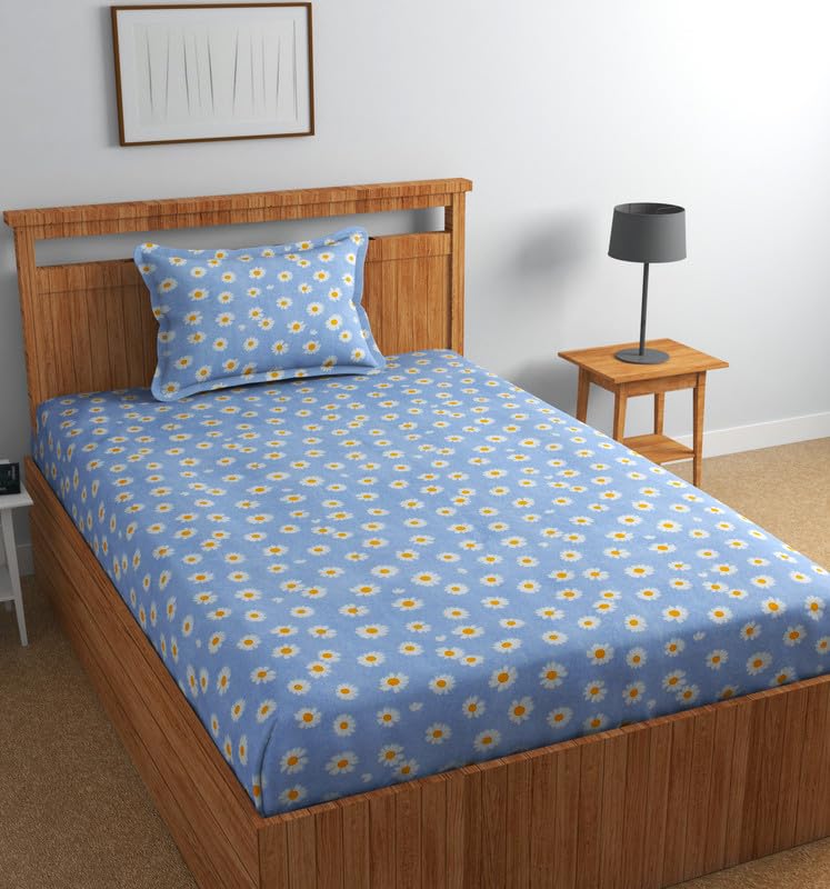 NEW LEAF Presents Pure Cotton Feel 180TC Single Bedsheets for Single Bed Diwan Bed (Size- 90 x 60 Inches) with 1 Pillow Covers(Size-18 X 28) LightBlue White Flower