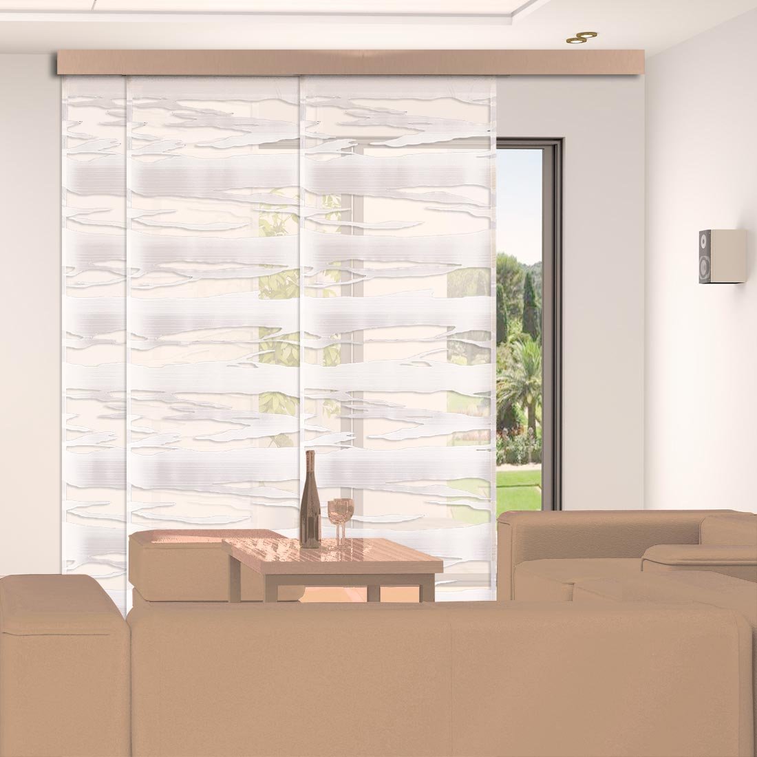 Flächengardine Eltje Schiebegardine Flächenvorhang Schiebevorhang Weiß-Sekt | transparent ausgeschert – Sherli-Muster 240 x 60 cm
