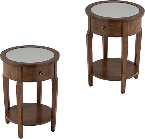 HOMPUS Royal - Juego de 2 mesas auxiliares con espejo, mesa auxiliar de madera Nobel de 2 piezas con estante de almacenamiento, mesita de noche