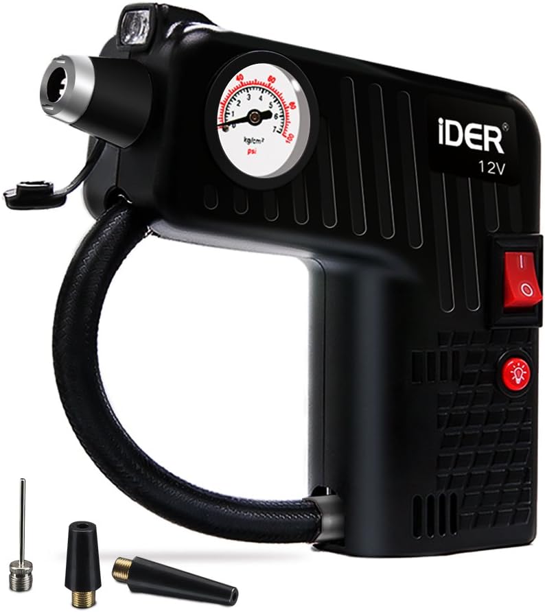 Portable Tire Inflator, Five in One Multi-function 12V DC Electric Auto Tire Air Compressor Pump for Cars, Bikes, Motorcycles and Sport Balls (black)