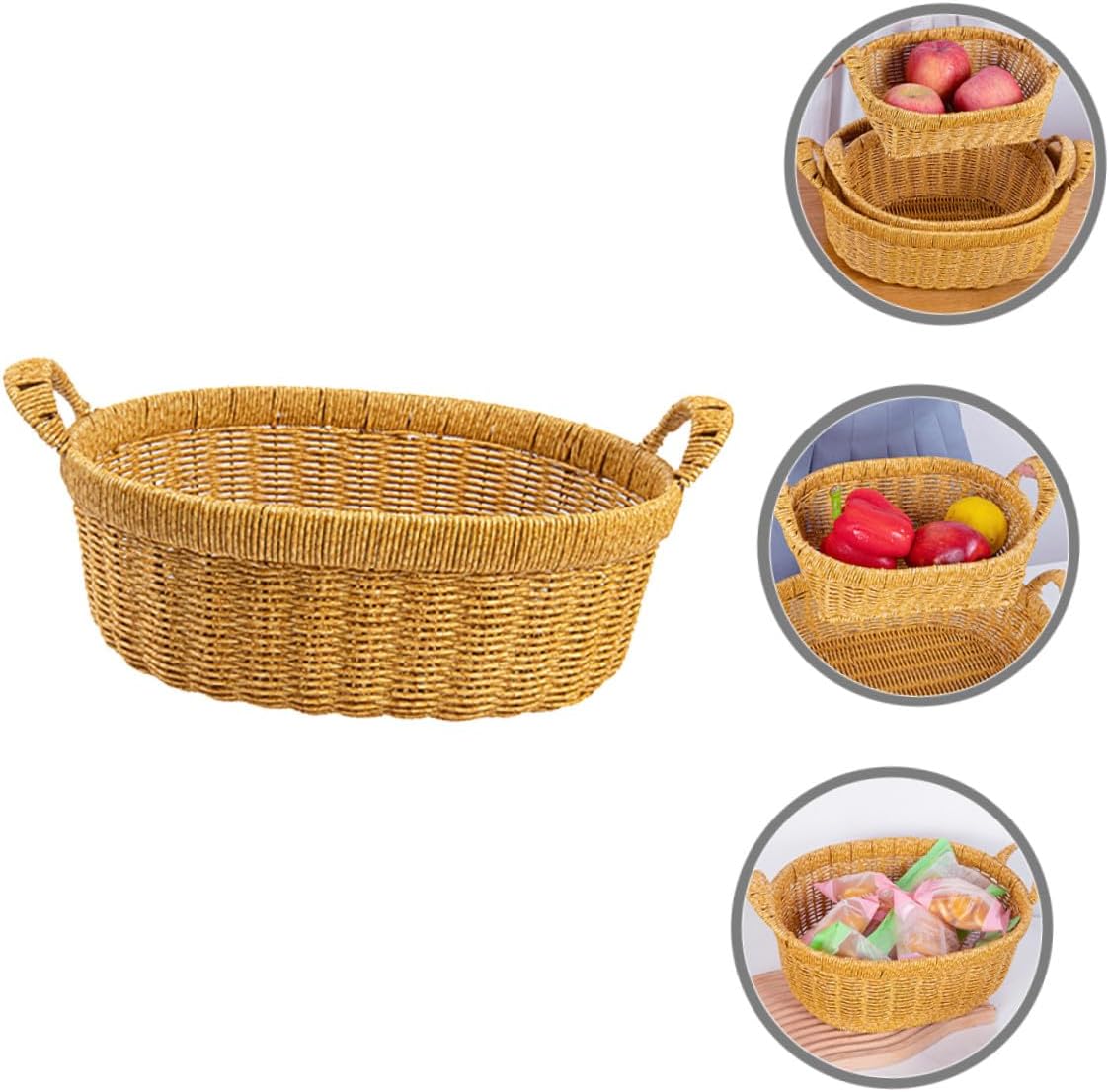 Large Oval Deep Fruit and Bread Basket with Double Handles, Handwoven Simulated Rattan Snack Storage Tray for Kitchen Organizer and Outdoor Picnic Serving
