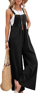 Womens Wide Leg Overalls Loose Fit Button Baggy Cotton Linen Bib Jumpsuits with Pockets