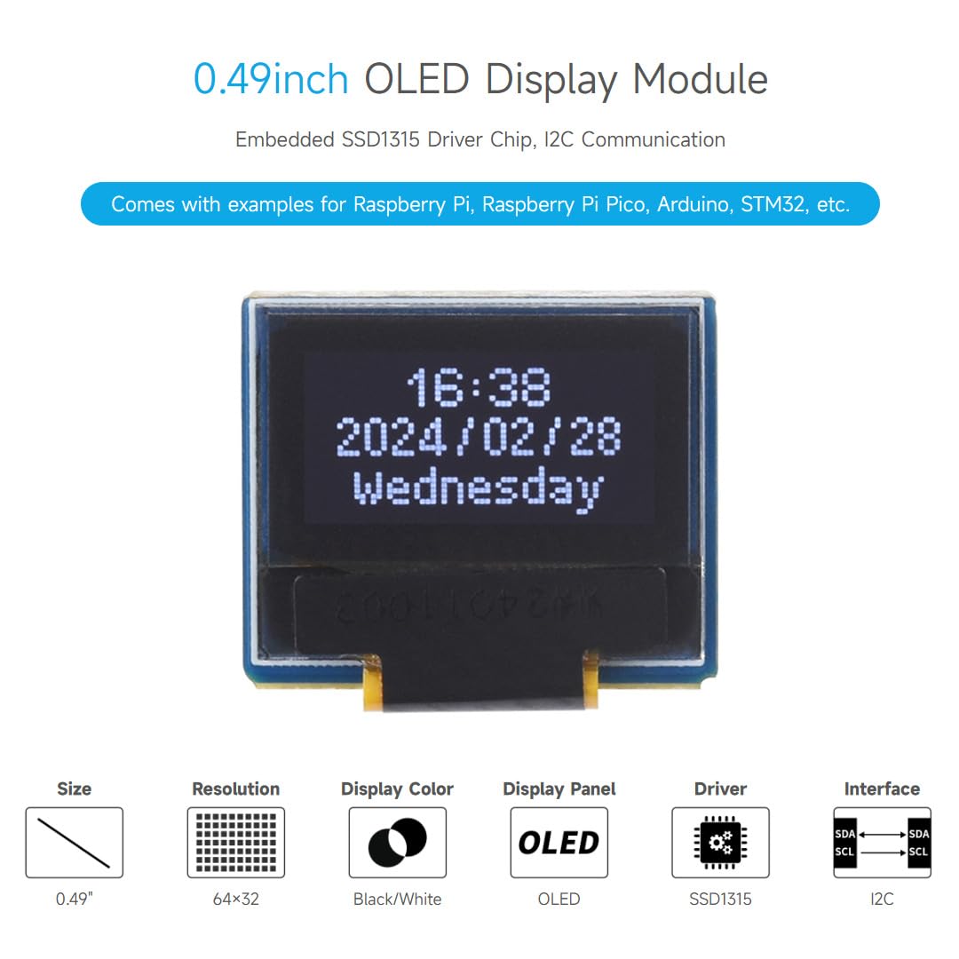 Waveshare 0.49inch OLED Display Module, 64×32 Resolution, I2C Communication, Black/White Display Color, for Raspberry Pi/STM32 and Other Controller Boards
