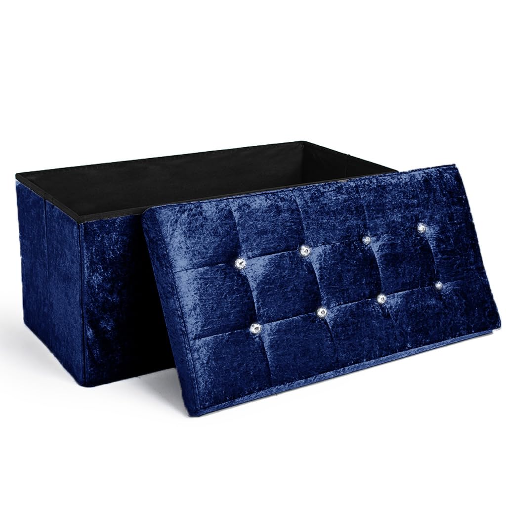 Home Republic Crushed Velvet Ottoman Storage Box – Foldable Cube Ottoman with Lid – Multipurpose Toy Chest, Foot Rest, Bench Seat & Nursery Storage Solution (Navy, 76W)