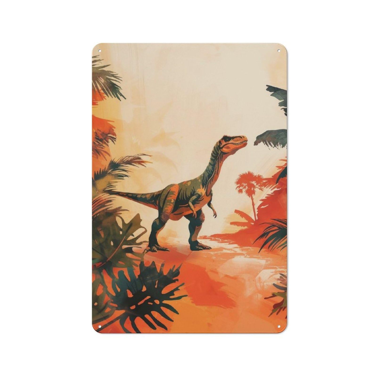 Junmoney Dinosaur In Jungle Illustration Metal Sign 30X20cm With For Workshop Wall, Vintage Decor, A Decorative Christmas Gift For Metal Sign Collectors