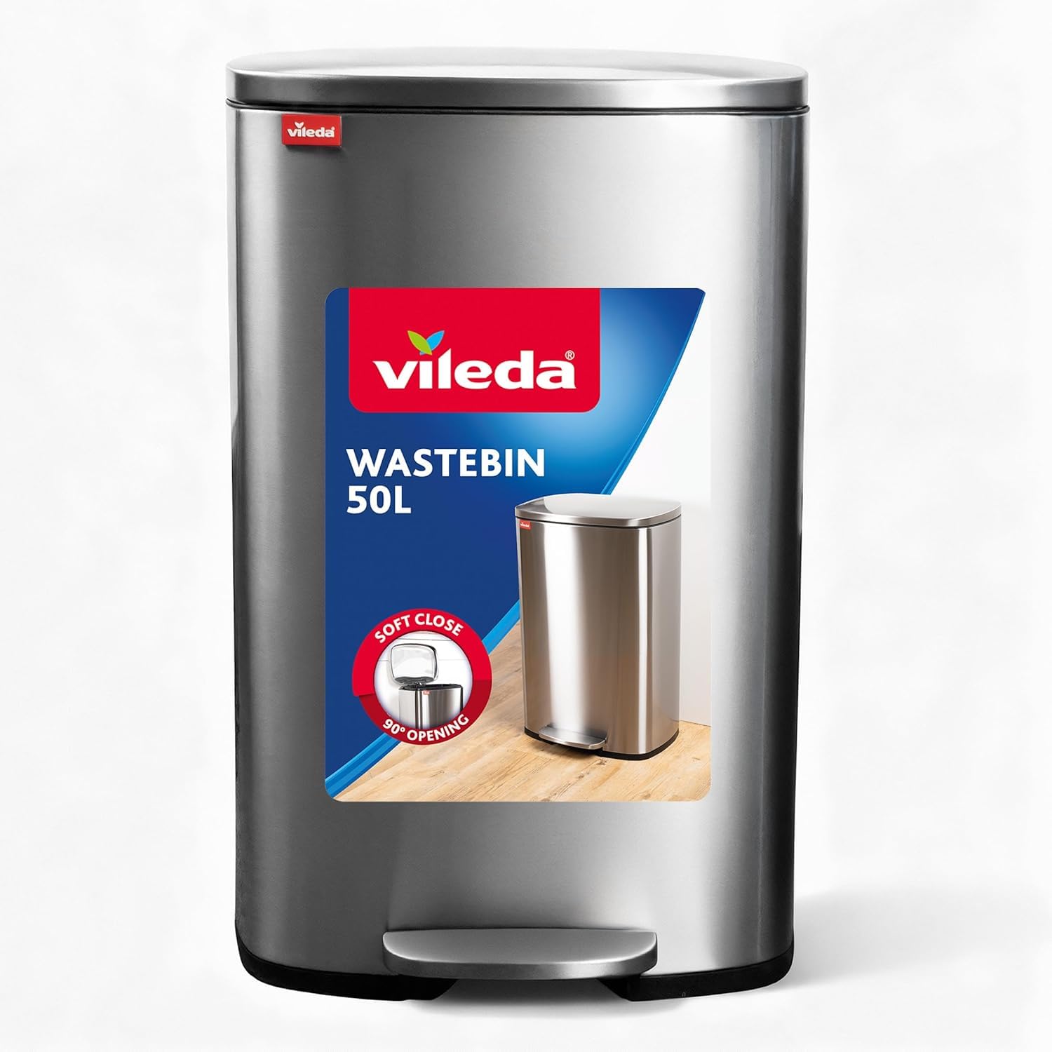 Vileda Mülleimer 50L Edelstahl - Treteimer mit Deckel - Abfalleimer 50L mit Soft-Close und 90 Grad Öffnung - Mülleimer Küche 50L | Fußpedal für hygienisches Öffnen, Deckel bis 90 Grad, fingerabdruckarme Oberfläche, rutschfester Boden