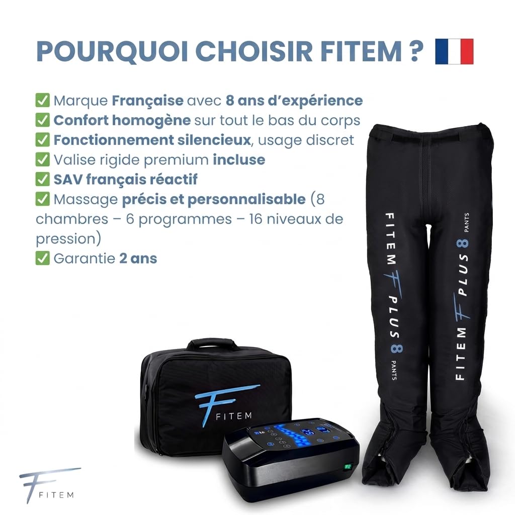 FITEM Pack Pantalon PLUS 8 Drainage Lymphatique Bas du Corps Complet | Jambe lourde, Circulation sanguine jambes, Massage précis 8 chambres, Confort morphologique, SAV français