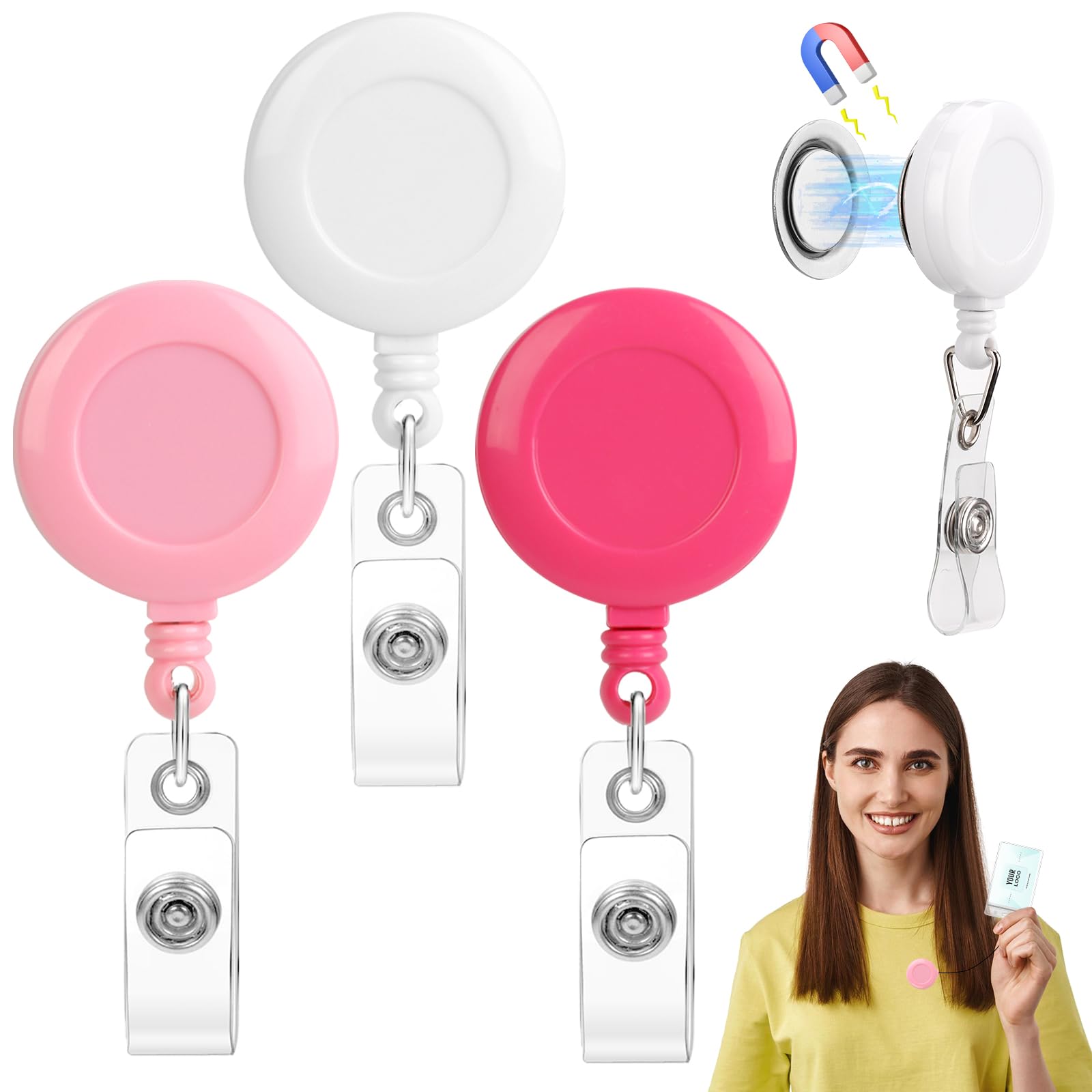 3 Pack Magnetic Retractable Badge Reel for Badge Holder 1.26" Plastic Pink ID Badge Clip Retractable Magnetic Name Tag Badge Holder Cute for Shirt Nurse Teacher Doctor Office with 24 Inch Pull Cord