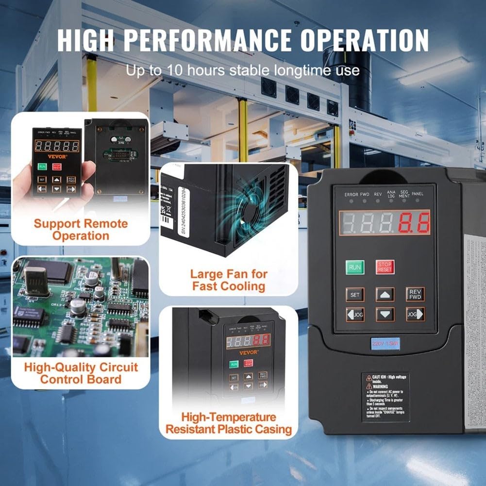 Frequenzumrichter 2HP 1,5KW 220V VFD zur Steuerung von Drehstrommotoren an Schleifmaschinen Zentrifugen Pumpen mit LCD Display und Tasten 0-400Hz Frequenz 1 oder 3 Phase Eingang schwarz langlebig