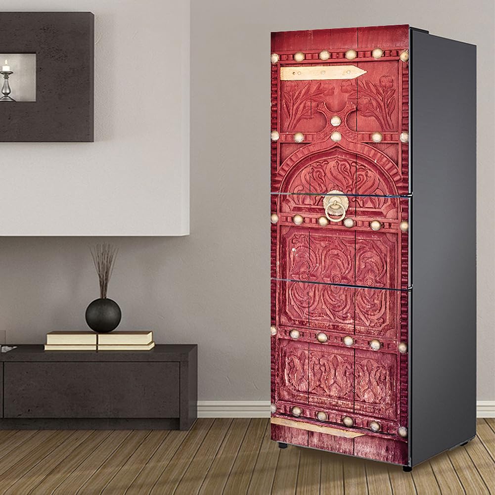 Fridge Stickers, Fridge Sticker Full Covering Door Covers Skins Wall Stickers for Kitchen Decal, Retro red Medieval(M: 60x180 cm)