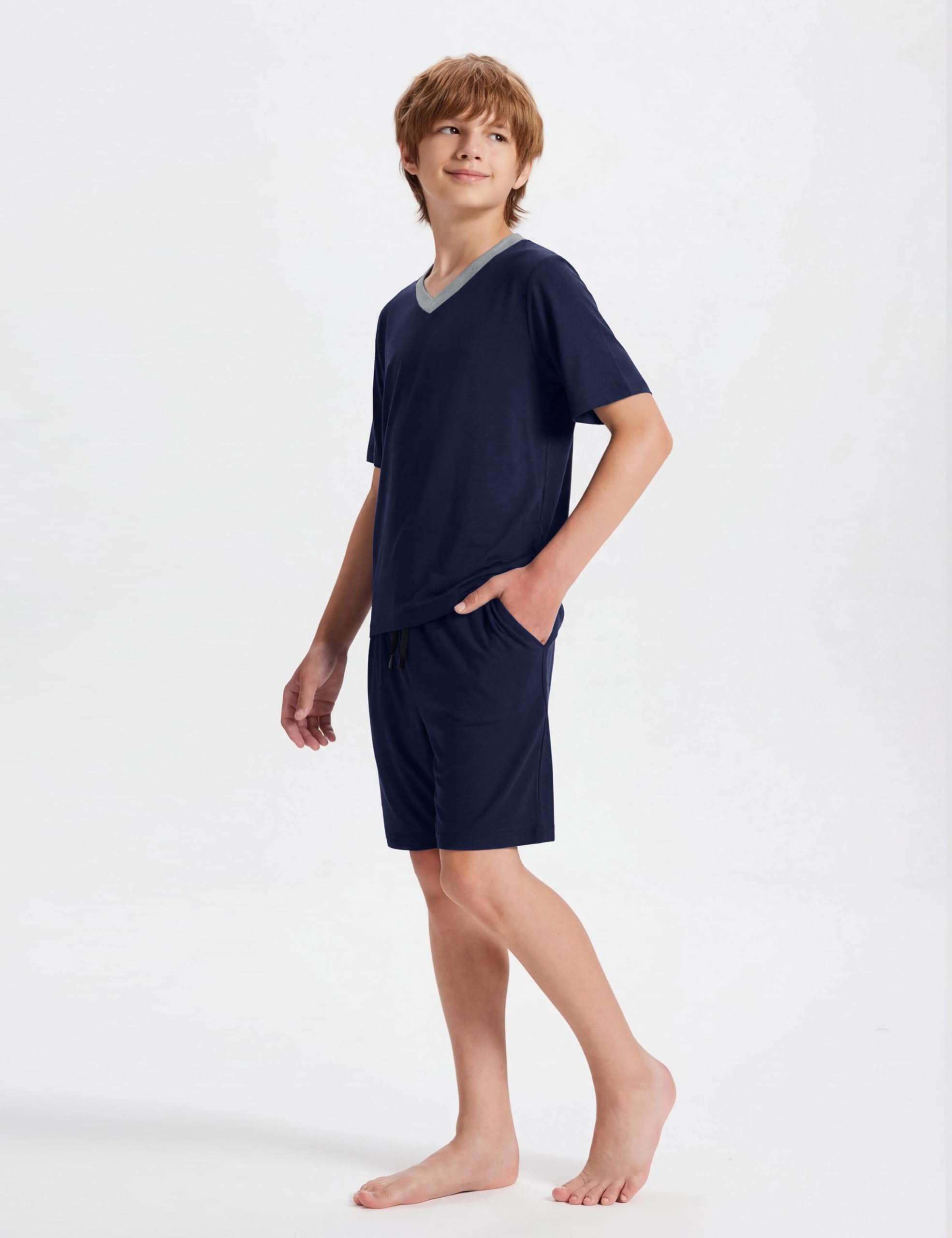 MoFiz - Pijama de niño de algodón con conjuntos de pijama corto, ropa de dormir con cuello en V, manga corta, pijama y pantalones cortos, 128 cm a 176 cm - 3