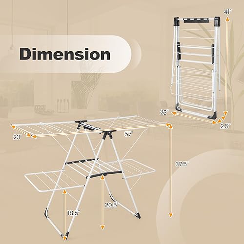 Miniatura 5 de Tangkula Estante de secado de lavandería, estante de secado de ropa plegable con alas ajustables en altura, 33 rieles de secado y clips para