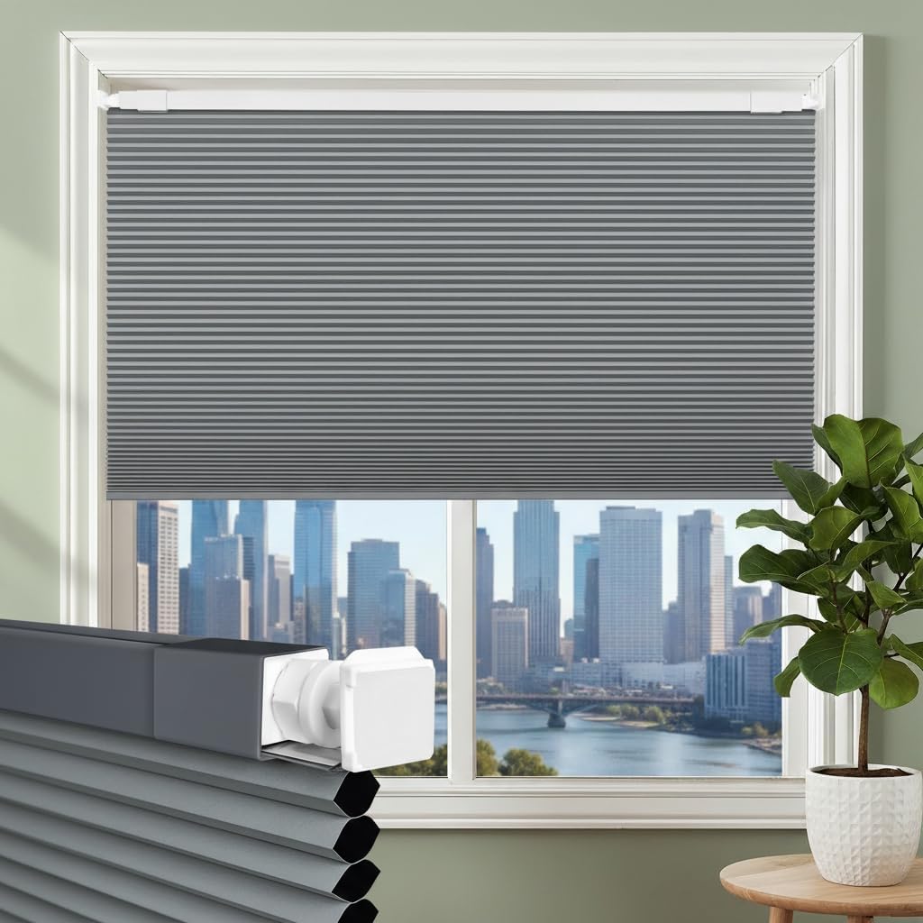 Shade&Beyond Cordless Cellular Blinds, No Drill Blackout Honeycomb Shades for Indoor Windows, Insulated UV Protection Cellular Shades, Easy Inside Mount,Customize Size,Grey