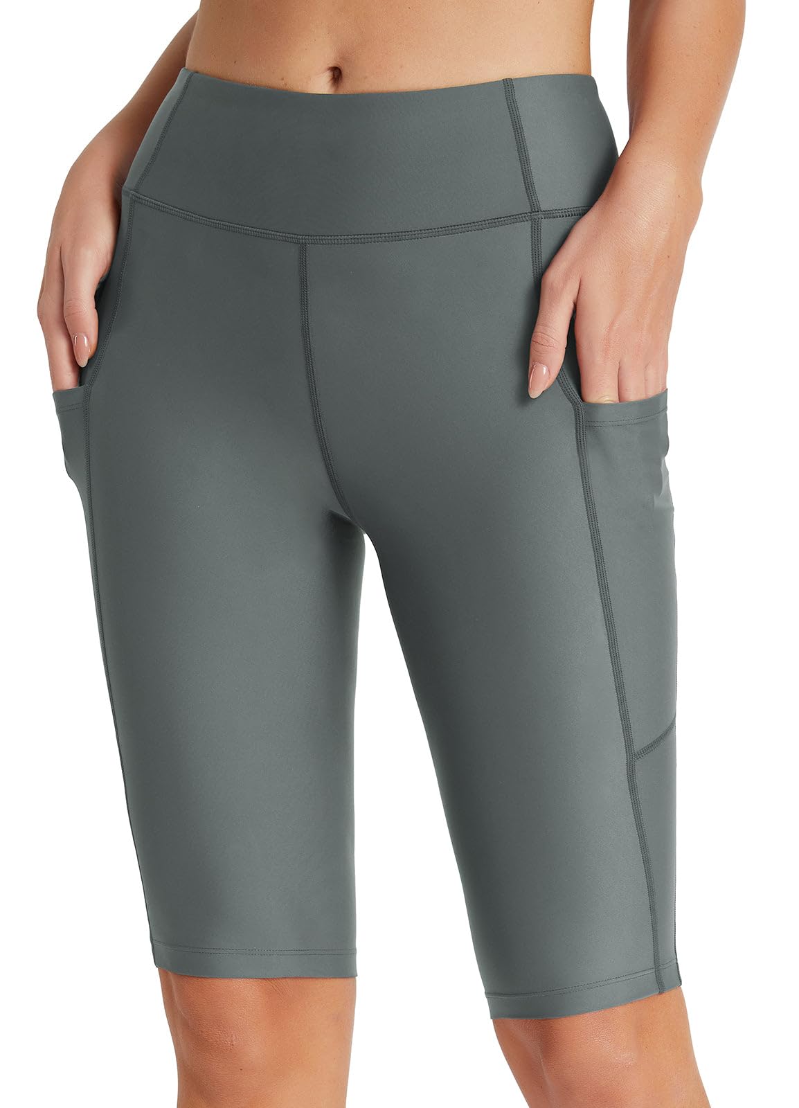 Women's Knee Length Long Swim Shorts Upf50+ High Waisted Swim Capris Pants with Pockets, Dark Grey, X-Large-image-36