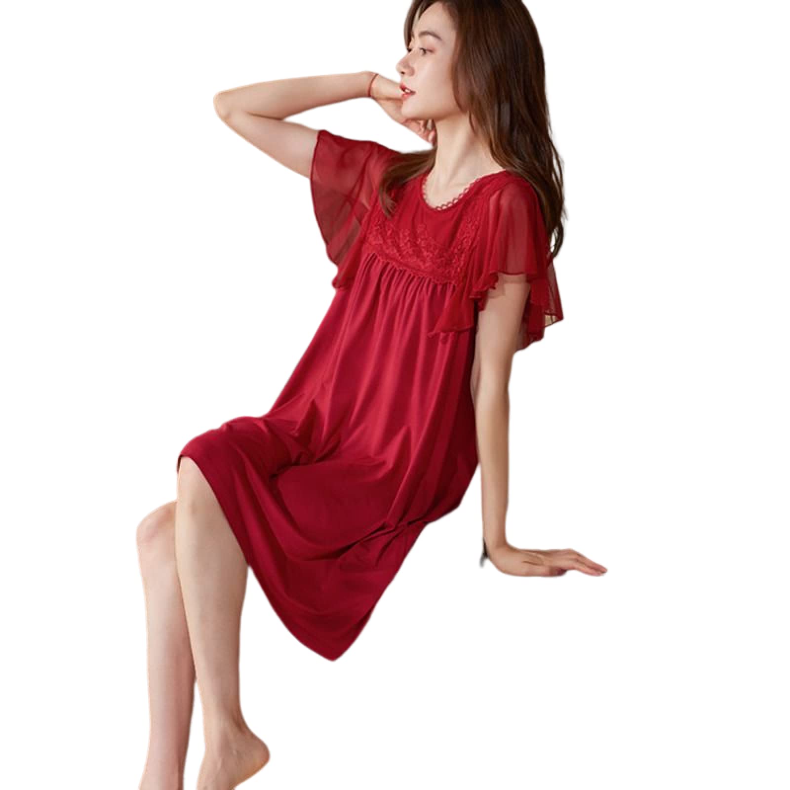 OFFSUM Camicia da Notte Donna - Abito da Notte Casual in Tinta Unita in Stile Principessa con Scollo Tondo in Pizzo Estivo di Alta qualità