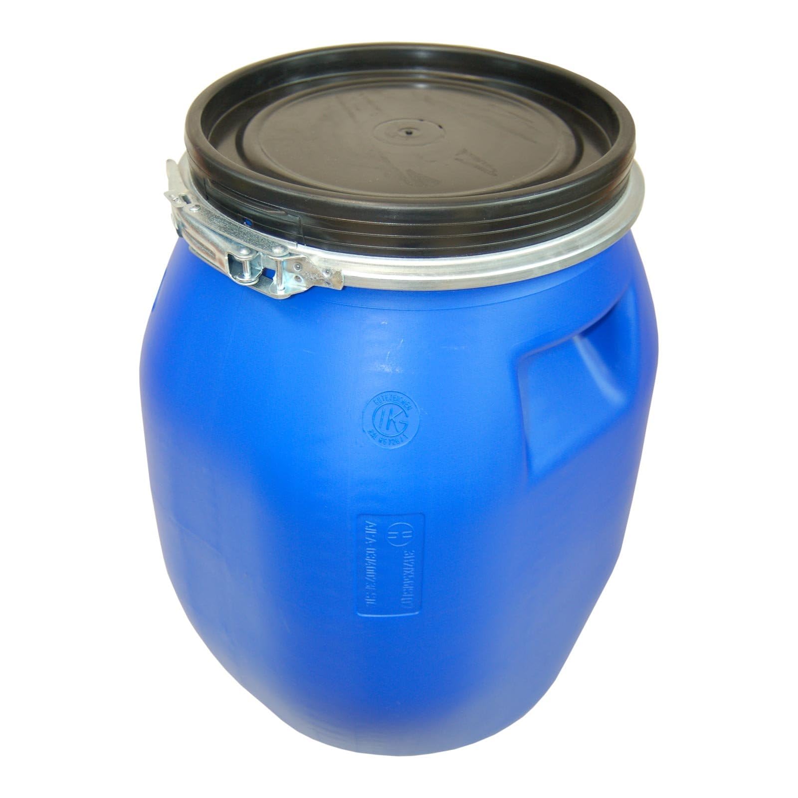 plasteo® 30 Liter Deckelfass mit Spannverschluss| Lebensmitteltauglich | Futtertonne | Luftdicht Verschließbar | Stapelbar und Palettengerecht | Stabile Griffmulden | Blau