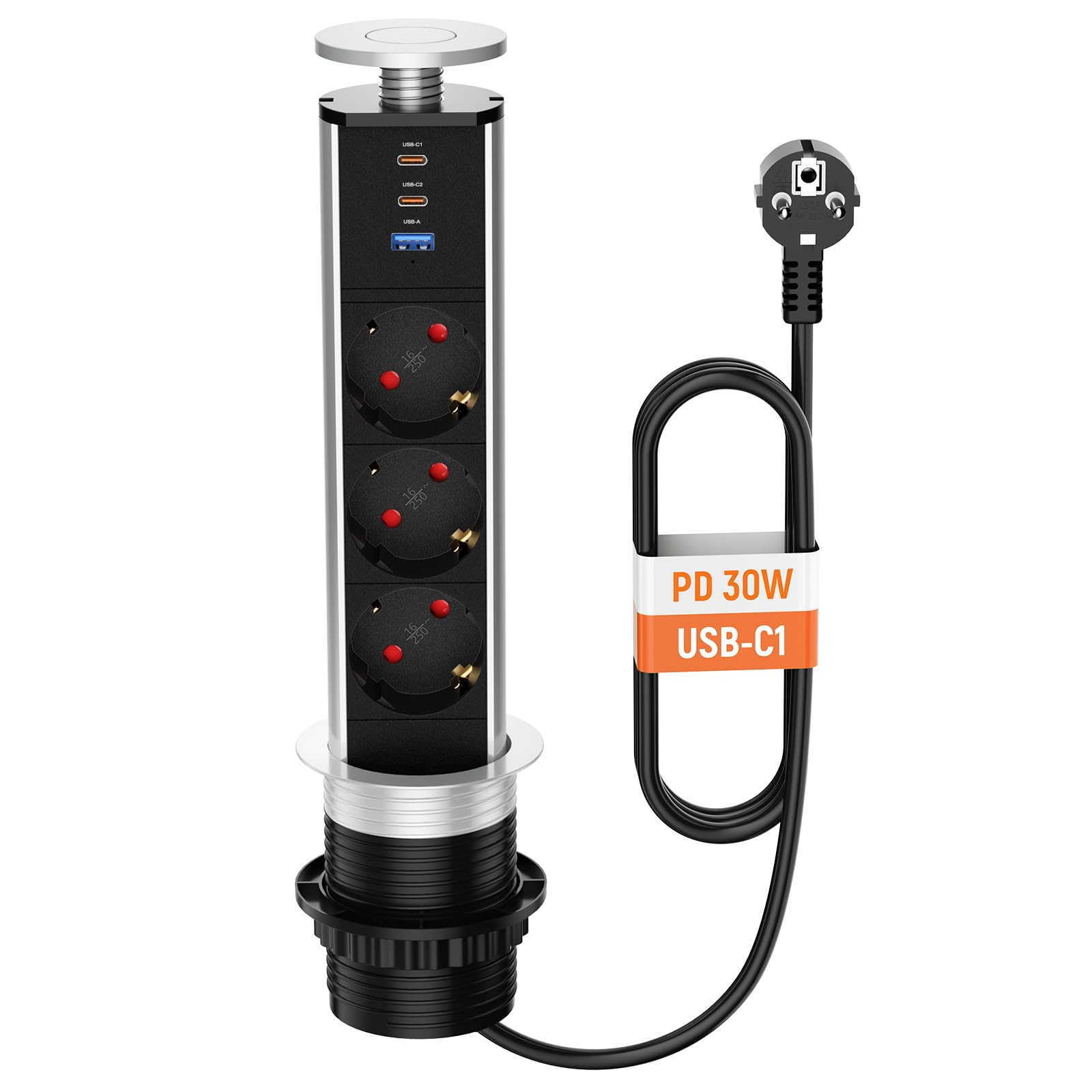 Presa Scomparsa 3 Prese 2 USB e USB C, Multipresa Elettrica Scomparsa Presa per Piano di Lavoro Incassato per Cucina, Ufficio, Cavo 1,8m, Diametro 60mm