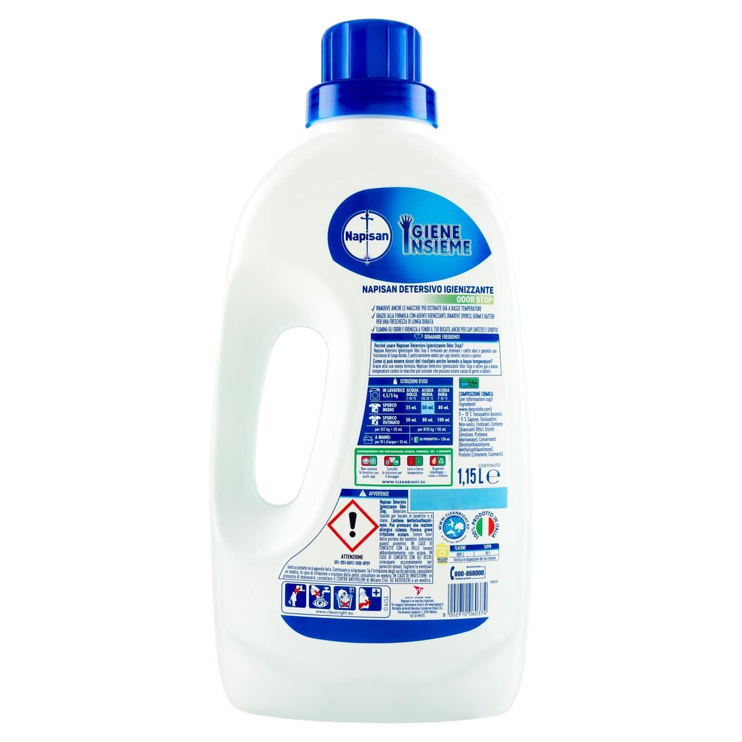 Napisan Detersivo Lavatrice Liquido Igienizzante Odorstop, 6 Confezioni da 1.15 l da 23 Lavaggi di Detersivo Lavatrice Liquido