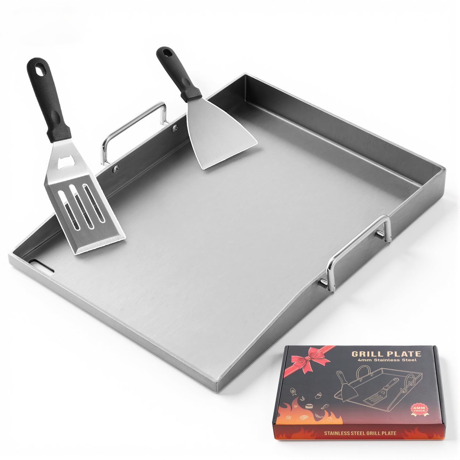 Grillplatte Edelstahl 40 x 30 cm,4 mm Dicke Plancha Grillplatte mit Griffen,BBQ Grillplatte mit Fettschlitz,Edelstahl Grillplatte für Gasgrill,Holzkohlegrill,Backofen & Pizza