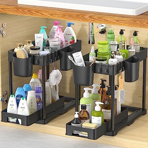HINZER Under Sink Organizers and Storage, Slide Out Kitchen Cabinet Organizer 2 Tier Bathroom Counter Organizer with Hooks, Hanging Cups, Dividers, Multipurpose Cleaning Supplies Organizer for Home