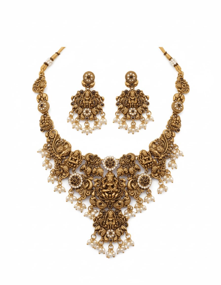 Antique Gold Plated Temple Jewellery Set | Traditional South Indian Kemp Style Lakshmi Necklace with Earrings | Matte Finish Ethnic Palakka & Manga Motif Inspired Choker | Bridal Jewelry for Weddings & Festivals