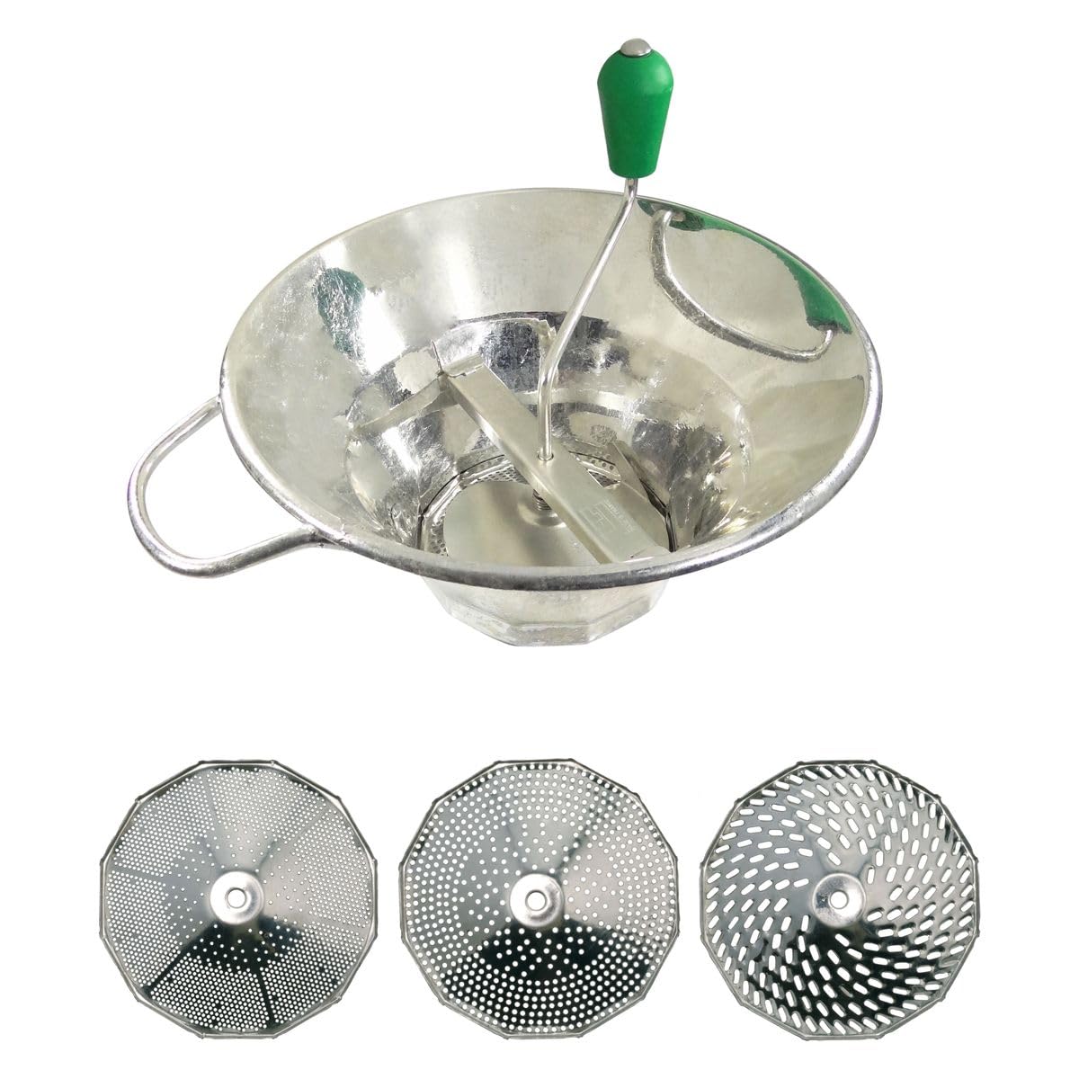Tellier Tinned Steel Moulin, Tinned Steel. Size: 12 1/2 inch/ 310 mm, Supplied with Three Different Sizes of Sieve, J165
