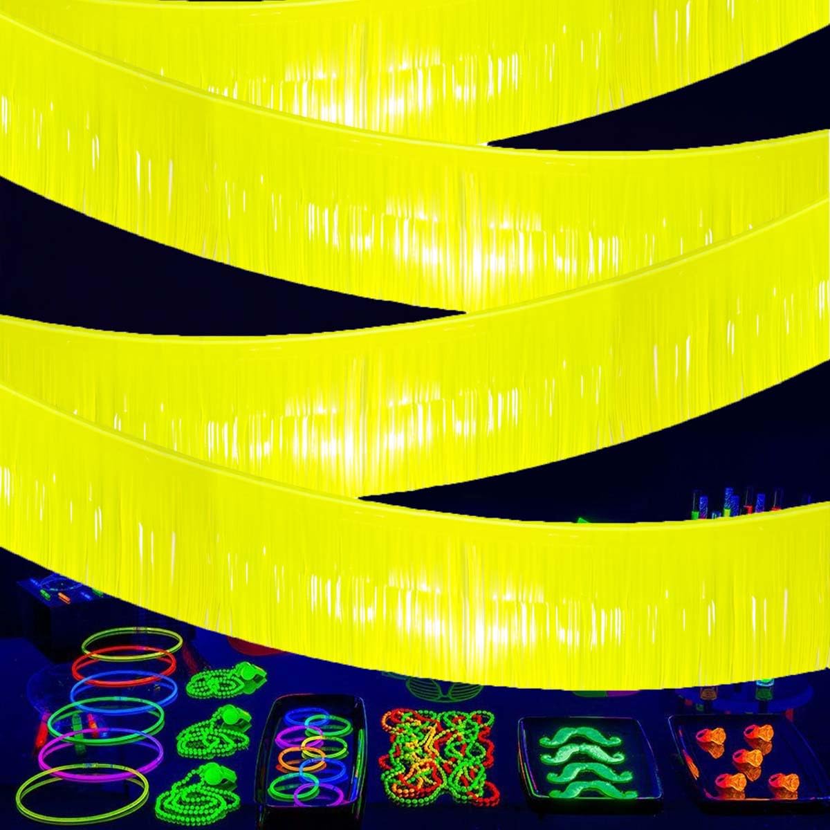 4 Packs 10 Feet Foil Fringe Banner Glow in The Dark Party Supplies Neon Party Macaron Fluorescent Yellow Streamers Decorations Metallic Tinsel Photo Booth Birthday Decorations Glow Supplies