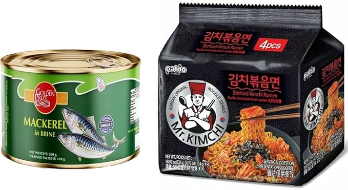 Golden Prize Mackerel In Brine 200 Gms and Paldo Mr. Kimchi Noodles 134g, Combo Pack
