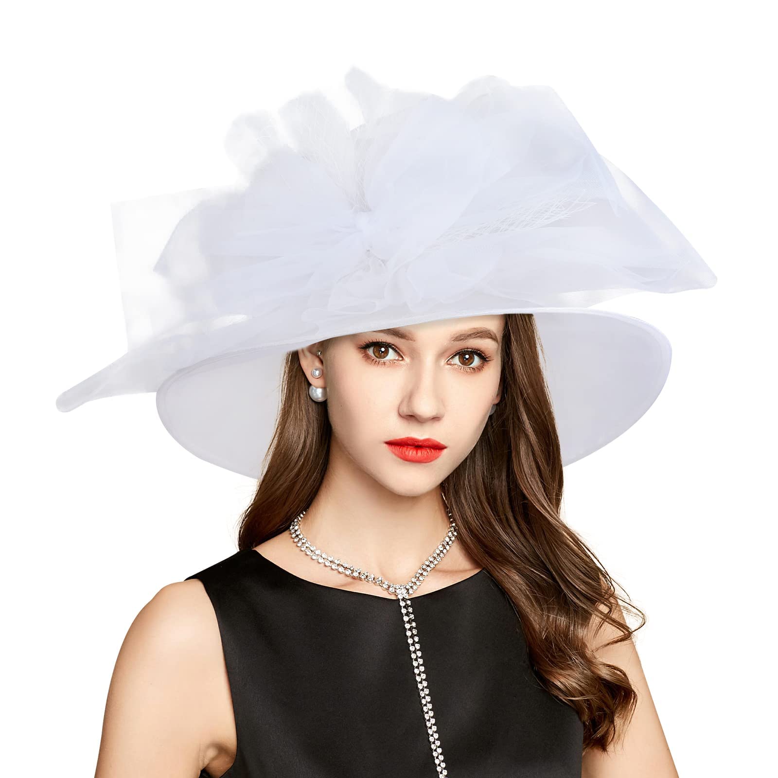 Kentucky Derby Hats for Women 2023 with Headband Hairpin, Church Hats for Women Ladies, Organza Tea Party Wedding Fascinator Hats White