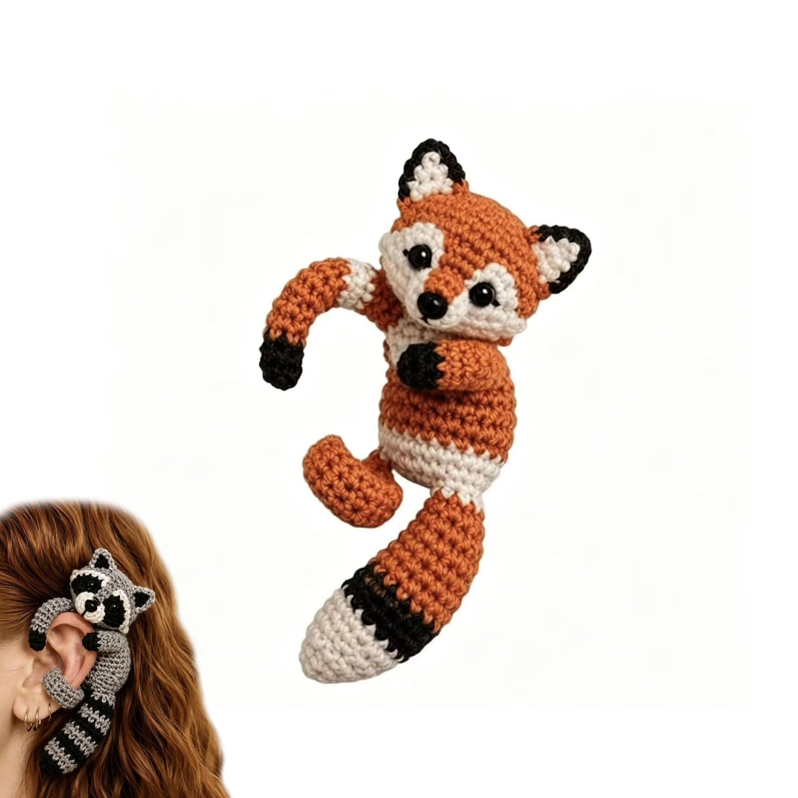 Crocheted Animal Ear Cuffs, Handmade Soft Knit Ears Hug Earrings Jewelry, Cute Raccoon Fox Cat Dog Ear Wrap Climber, No Piercing Costume Accessory Gift (#C)