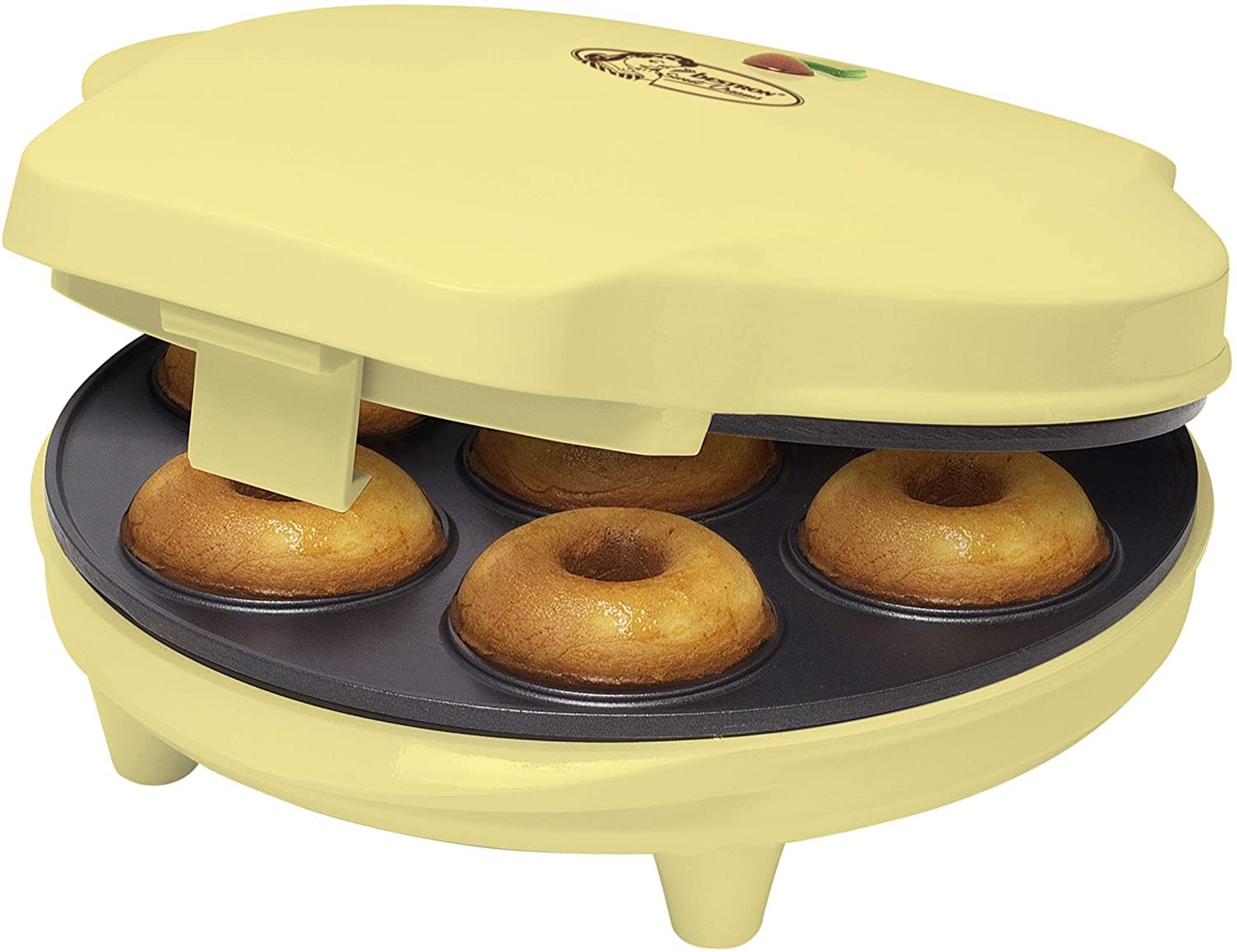 Bestron Donut Maker, inkl. Teigportionierer für 700ml mit Skala, Ideal zum Befüllen des Donut-Geräts, Farbe Gerät: Gelb, Teigflasche: Weiß