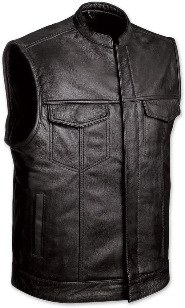 Men's Sleeveless Leather Biker Vest – Club Style Motorcycle Vest with 4 Pockets & Single Back Panel