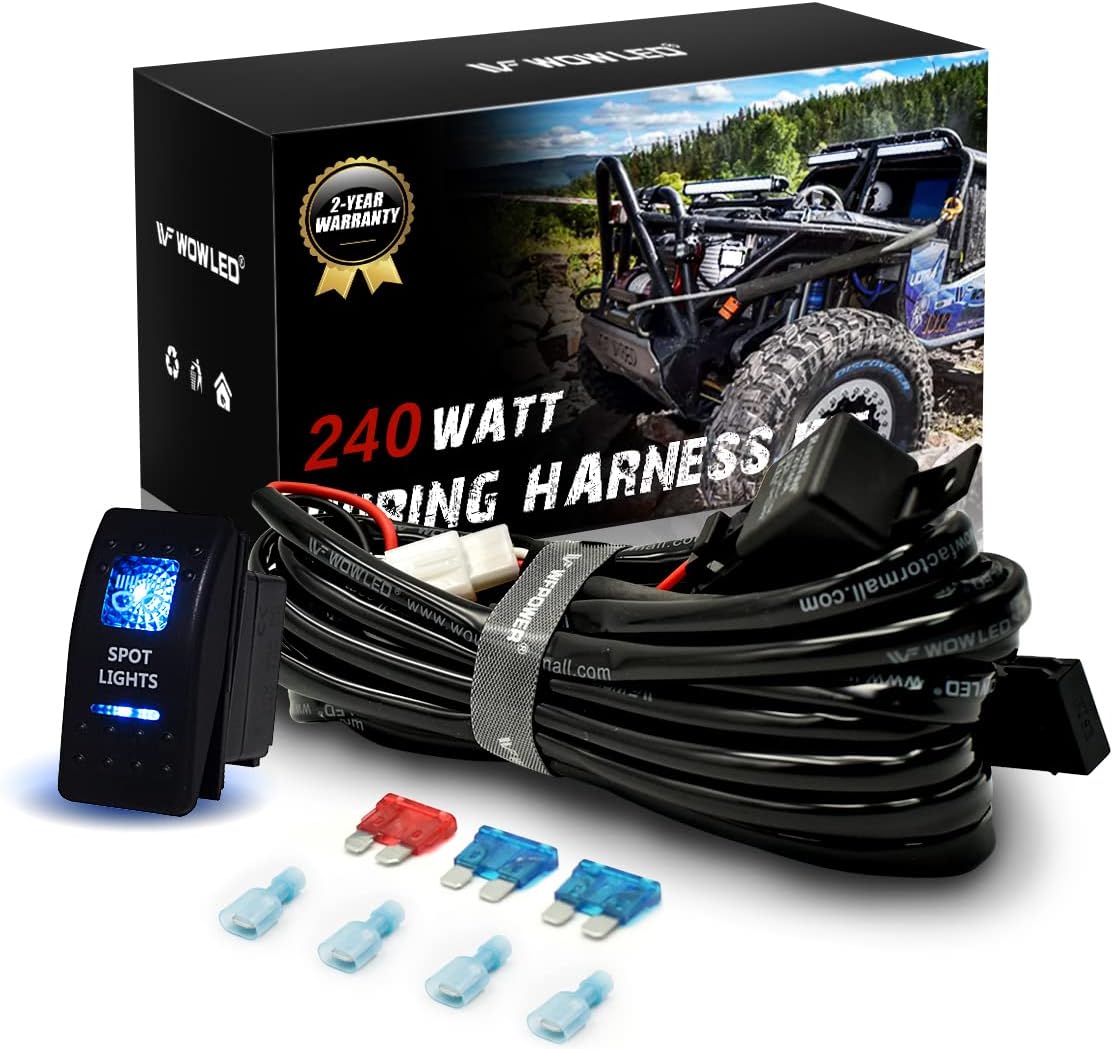 High-end Wiring Harness Kit, LED Light Bar Wiring Harness Kit with 12V 40A Relay, Spot Lights with On/Off Switch (2 Lead)