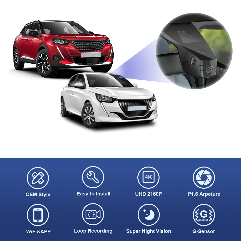 FITCAMX DashCam Adecuada para Peugeot 2008 e-2008 2019-2025 2nd Gen (HD2-9316), OEM Cámara de Coche 4K 2160P UHD Video WiFi, Sensor G, Grabación en Bucle, WDR, Play & Plug, Tarjeta de 64 GB
