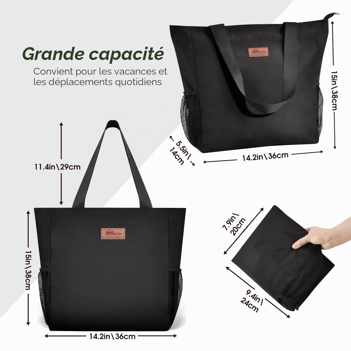 HOMESPON Grand sac fourre-tout de plage imperméable avec fermeture éclair et poches pour femme