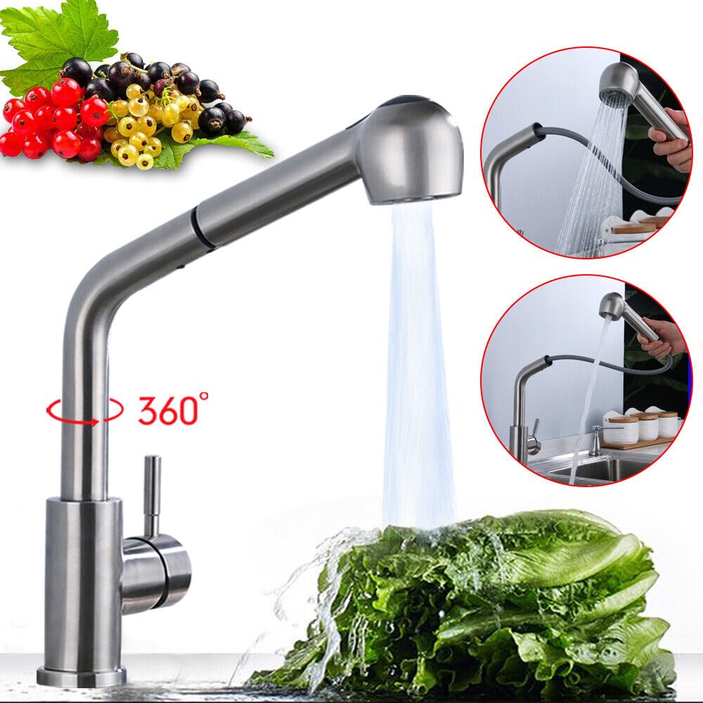 Grifo de Cocina Giratorio 360°, Extraible, Pared Lavadero, de Acero Inoxidable, con Ducha, Acero Inoxidable 304, Alta Presión, Monomando, Cepillado