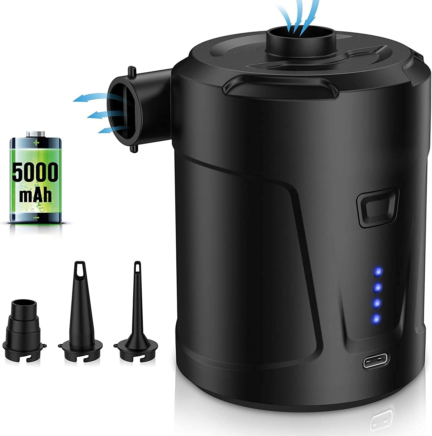 MAKINGTEC Electric Air Pump for Inflatables, with 3 Nozzles USB/ 5000mAh Rechargeable Battery, for Air Mattress, Pool Floats, Air Bed, Portable Inflator Deflator Pump