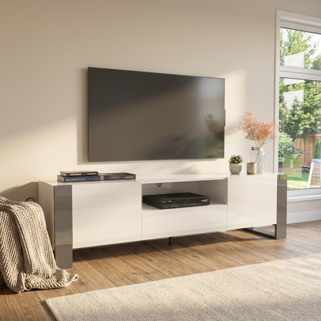 Meble Furniture Woody Freestanding TV Stand — Storage Cabinets — Modern High Gloss, 59.1" W x 15.7" D x 21.7" H — White/Gray