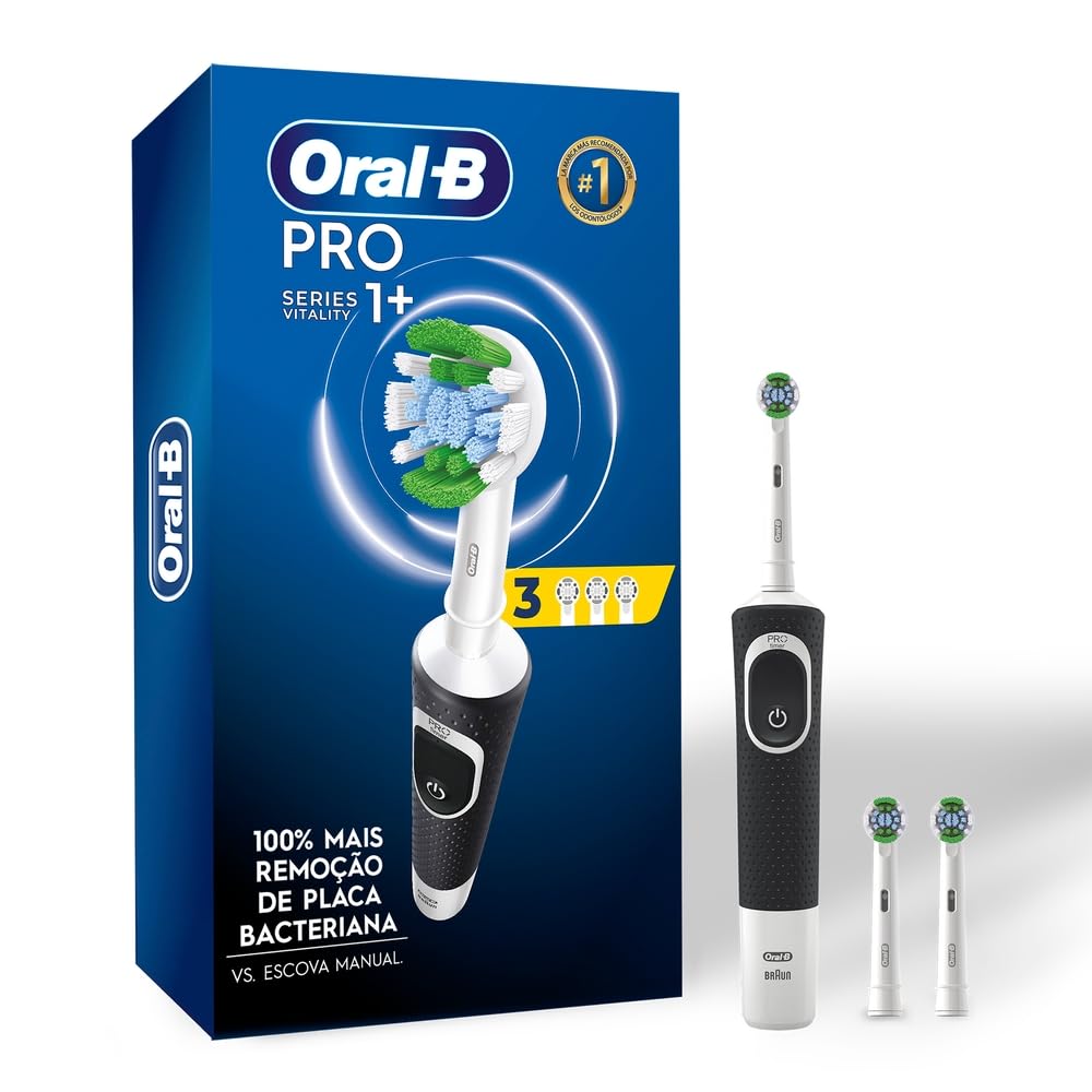 Oral-B PRO Series 1+, Escova de Dentes Elétrica, Cabeça Redonda, Cabo Ergonômico, 3 refis Precision Clean, Preta