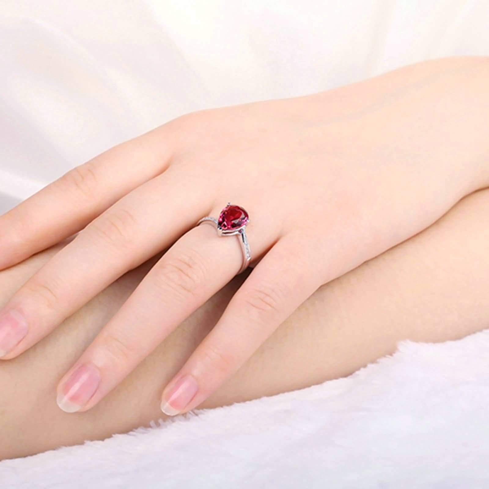 AmDxD Alliance en or blanc véritable 18 carats, bague solitaire rouge tourmaline et diamant en forme de larme rouge