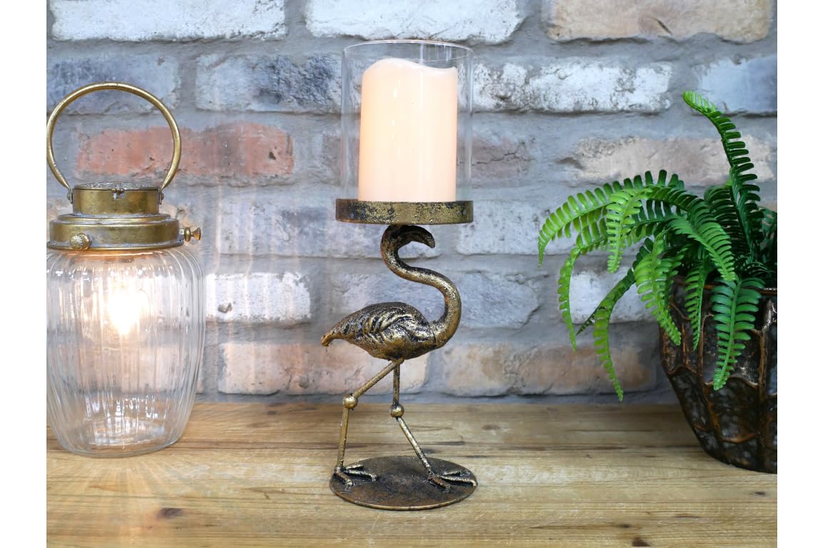 Large 33cm Flamingo Candlestick Candles Holder - Gold Distressed Metal Display