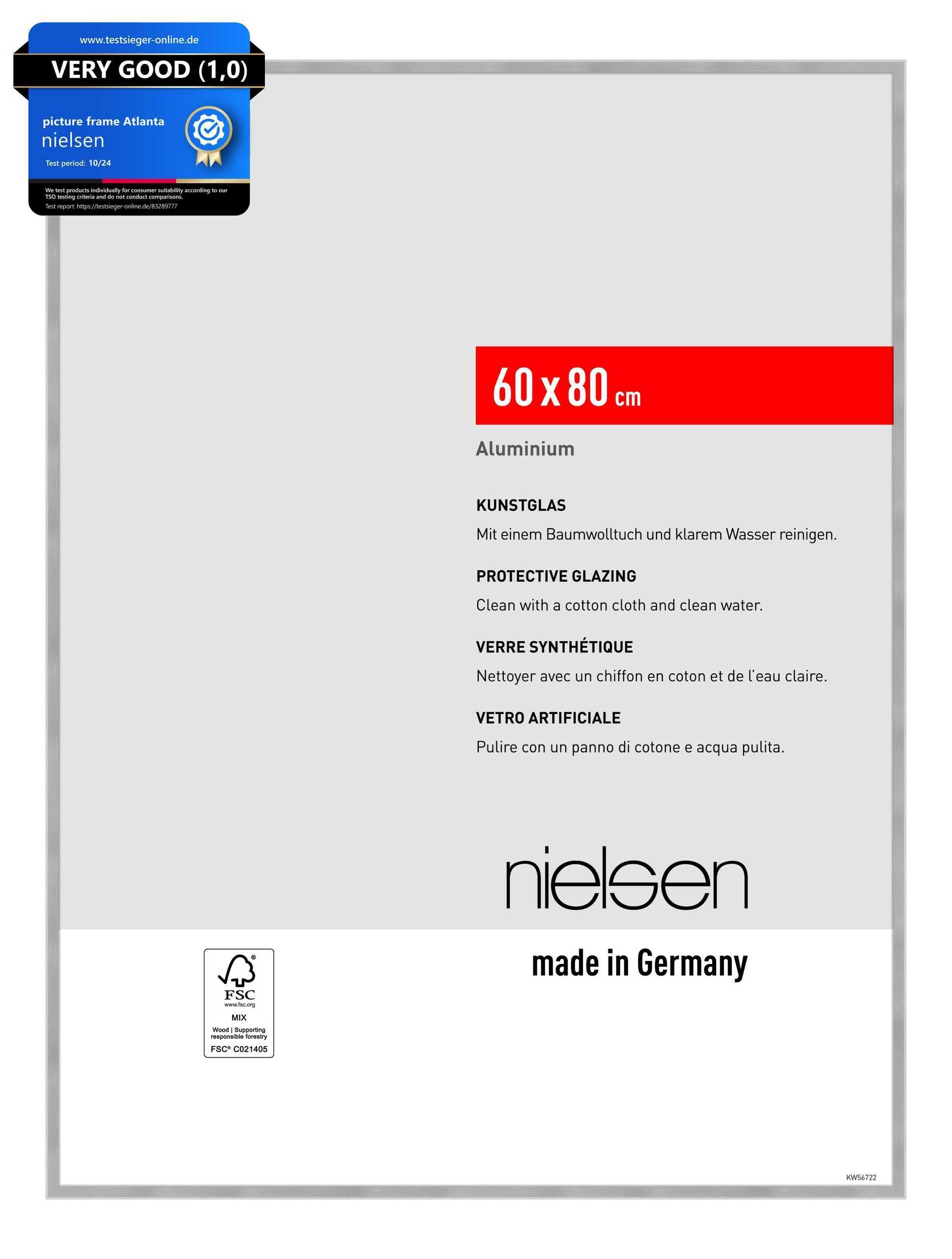 Nielsen Brushed Frosted Silver Atlanta Aluminium Picture Frame - Brushed Silver 60X80cm - With Synthetic Glass And Push-Turn Clips