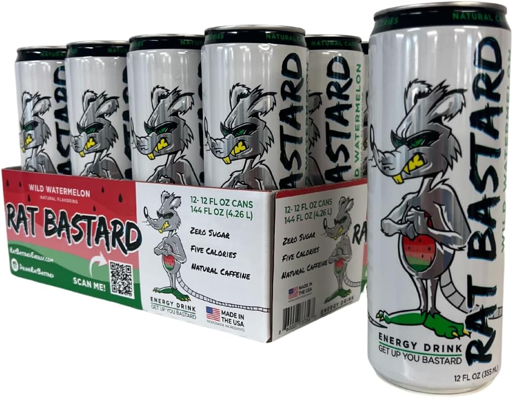 RAT BASTARD Energy Drink SugarFree Caffeinated Beverage, Natural Caffeine to