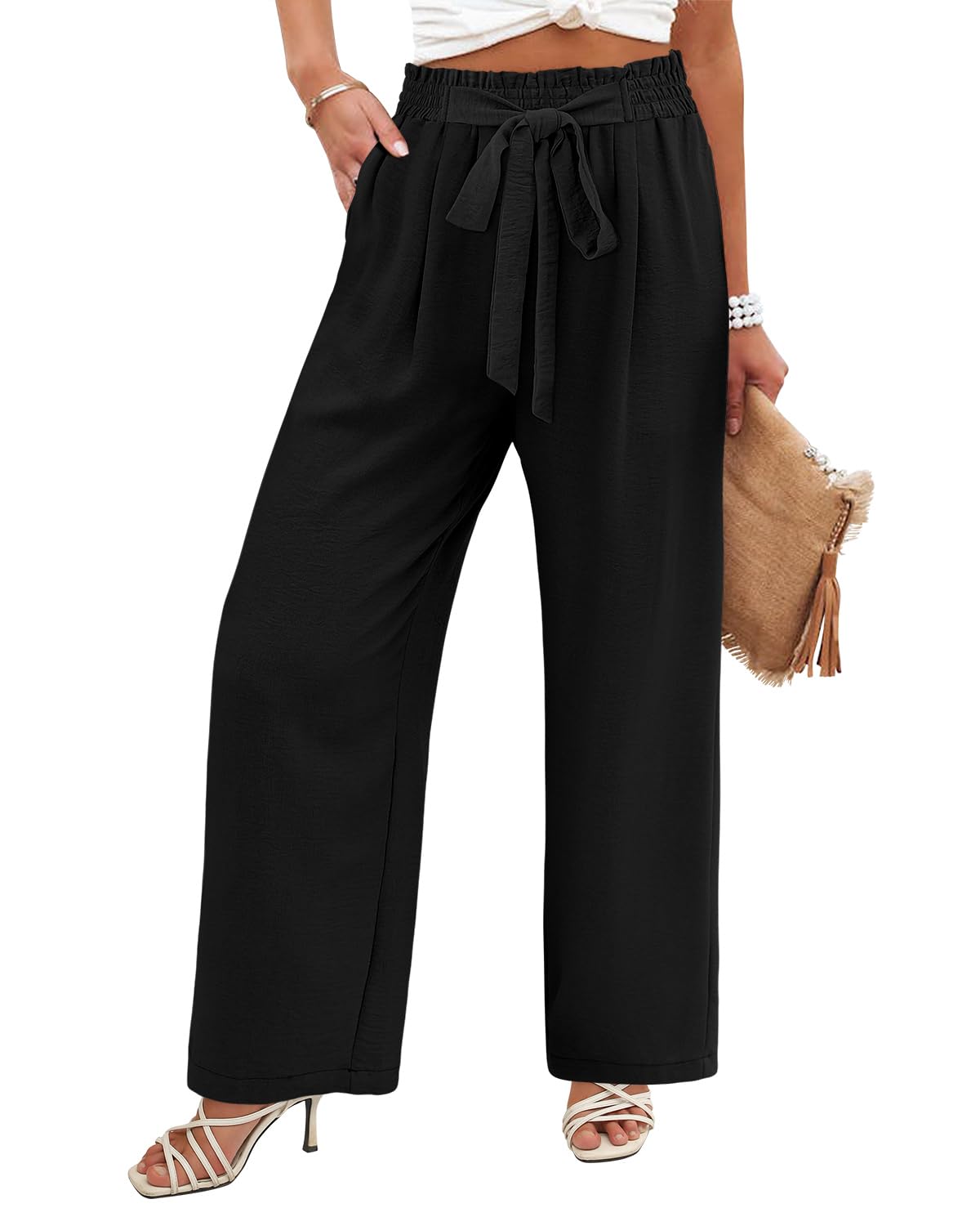 Angerella Womens Wide Leg Pants High Elastic Waist Adjustable Knot Casual Flowy Trousers Business Work Pants with Pockets