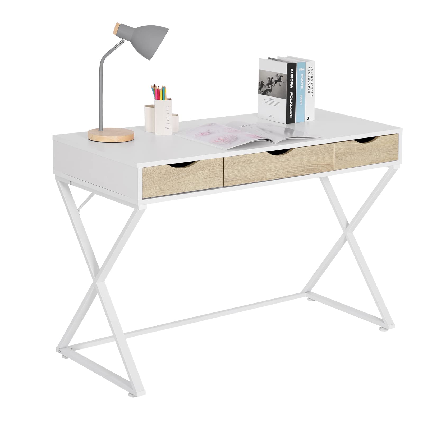 WOLTU Escritorio Blanco de 3 Cajones - Mesa Ordenador Metal-Madera para Oficina Casa/Habitación - 110x50x75cm