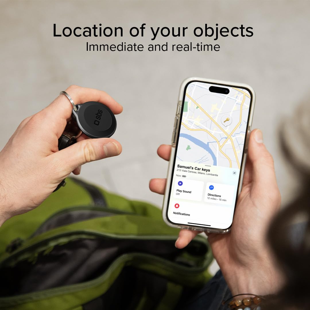 SBS Track My Circle - Localizzatore Chiavi e Oggetti Compatibile con Apple Dov’È, Suono Allarme 100 dB, Pronto all'Uso con Batteria CR2032 Inclusa, Impermeabile IP65, con Foro Portachiavi, Nero
