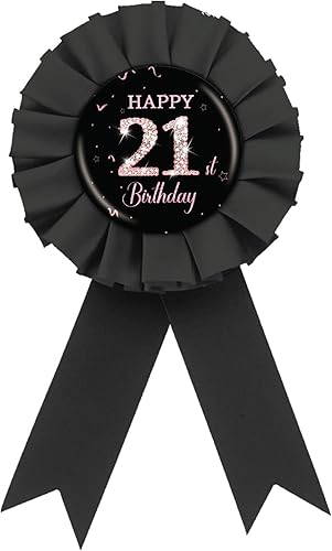 Pin de insignia de hojalata de feliz cumpleaños 21, botón de roseta de oro rosa y negro, pin de insignia de premio de cumpleaños de 21 años,