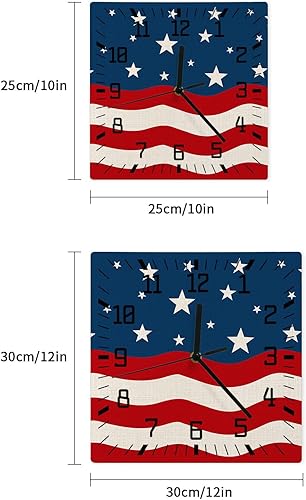 Miniatura 7 de 4th of July Wooden Wall Clock Silent Non Ticking, Wave American Flag Star Independence Day Square Wall Clock Battery Operated, Decor Clock for Home