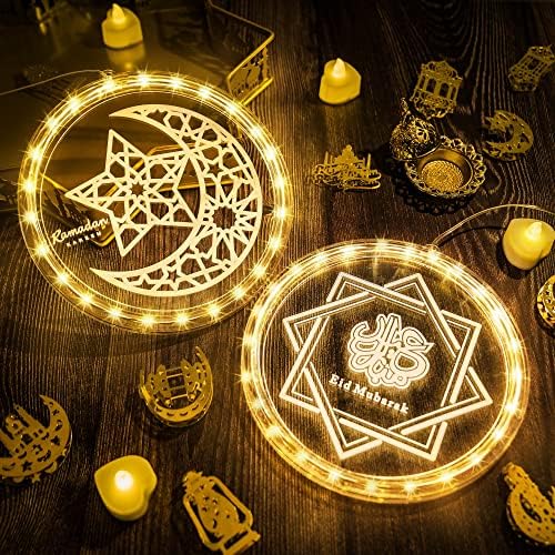 Eid Ramadan Decorative Window Lights, 8in Eid Moon Star Hanging Lights with Suction Cup Portable, Islam Mubarak Islamic Muslim Light Decor for Outdoor Indoor Bedroom Holiday (Moon and Star Style)